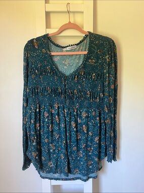 Maurices Teal Floral Smocked V-Neck Tunic